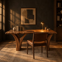 Live edge desk on two arched slab legs that flare toward the top in a dark home office at golden hour