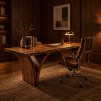 Live edge desk on two arched slab legs that flare toward the top in an evening home office with walnut wall paneling