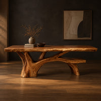 Live edge dining table on a branching tree trunk base in a dark studio against a charcoal plaster wall