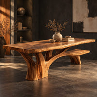 Corner detail of live edge dining table on a branching tree trunk base beside wood, brass and linen samples