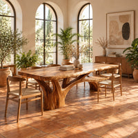 Live edge dining table on a branching tree trunk base in a bright dining room with arched windows and plants
