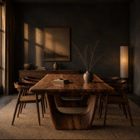 Live edge dining table on two sculpted arch pedestals in a dark dining room at golden hour