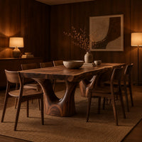 Live edge dining table on two forked trunk pedestals in an evening dining room with walnut wall paneling