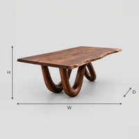 Live Edge Dining Table on Twin Looping Wave Legs dimension diagram with width, height and depth