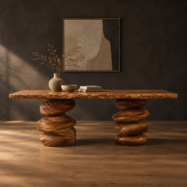 Live Edge Dining Table On Twin Stacked Pebble Pedestals