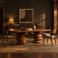 Live edge dining table with two stacked pebble shaped pedestal legs in a dark dining room at golden hour