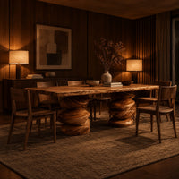 Live edge dining table with two stacked pebble shaped pedestal legs in an evening dining room with walnut wall paneling