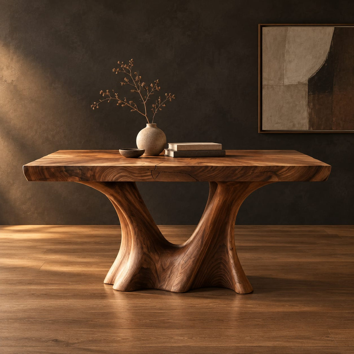 Live edge dining table on two sculpted trunk pedestals in a dark studio against a charcoal plaster wall