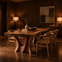 Live edge dining table on two sculpted trunk pedestals in an evening dining room with walnut wall paneling