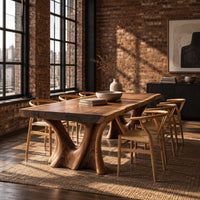 Live edge dining table on two sculpted trunk pedestals in an industrial loft dining room with exposed brick