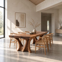 Live edge dining table on two sculpted trunk pedestals in a bright open plan dining room