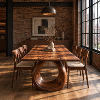 Live edge dining table on a large open ring pedestal base in an industrial loft dining room with exposed brick