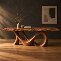 Live edge dining table with a looping figure eight base in a dark studio against a charcoal plaster wall