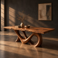 Live edge dining table with a looping figure eight base, three-quarter view showing the grain