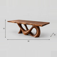 Live Edge Dining Table With A Looping Figure Eight Base dimension diagram with width, height and depth