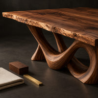 Corner detail of live edge dining table with a looping figure eight base beside wood, brass and linen samples