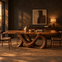 Live edge dining table with a looping figure eight base in a dark dining room at golden hour
