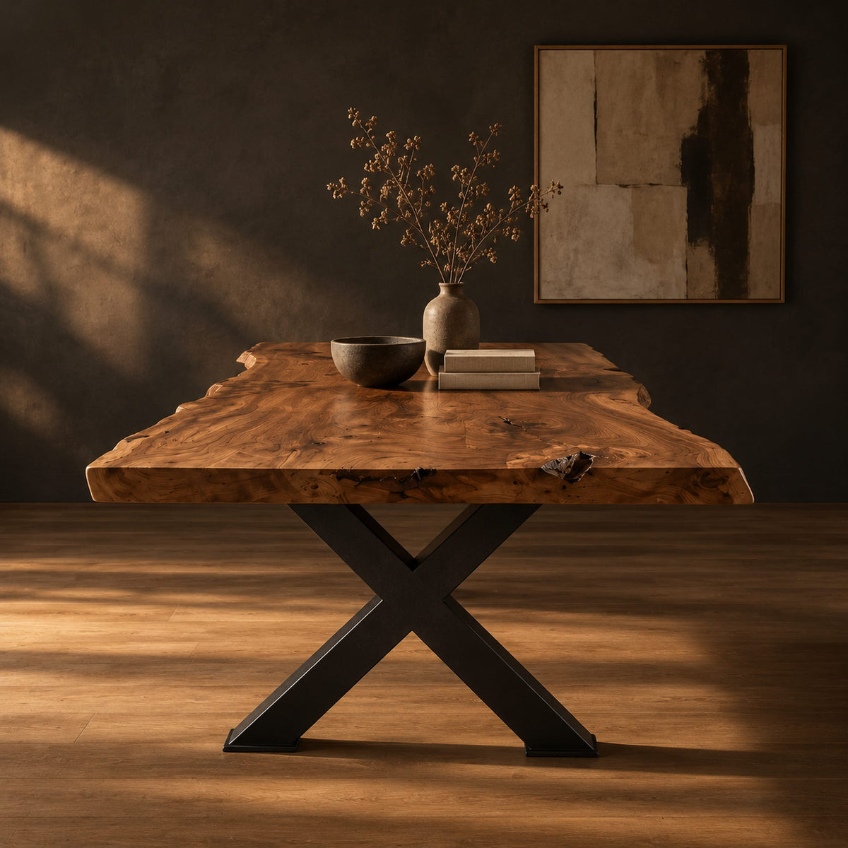 Live edge dining table with a black x shaped base in a dark studio against a charcoal plaster wall