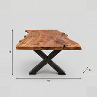 Live Edge Dining Table With Bold Black X Base dimension diagram with width, height and depth