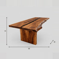 Live Edge Dining Table With Dark Center Seam And Slab Base dimension diagram with width, height and depth