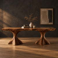 Live edge dining table with a figured top on two flared root pedestals in a dark studio against a charcoal plaster wall