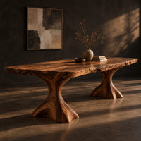 Live edge dining table with a figured top on two flared root pedestals, three-quarter view showing the grain