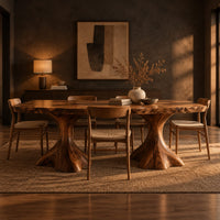 Live edge dining table with a figured top on two flared root pedestals in a dark dining room at golden hour