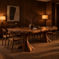 Live edge dining table with a figured top on two flared root pedestals in an evening dining room with walnut wall paneling