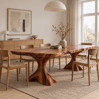Live edge dining table with a figured top on two flared root pedestals in a Scandinavian dining room with white walls