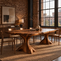 Live edge dining table with a figured top on two flared root pedestals in an industrial loft dining room with exposed brick