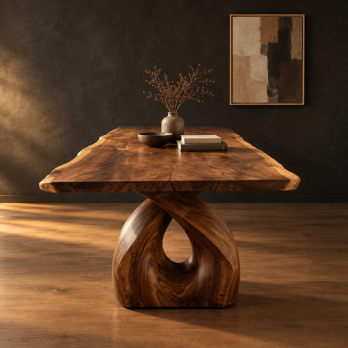 Live edge dining table on a single sculpted pedestal with a teardrop opening in a dark studio against a charcoal plaster wall