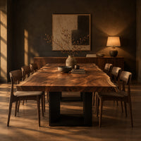 Live edge slab dining table on two open rectangular block legs in a dark dining room at golden hour