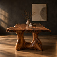 Live edge dining table with a thick top and a sculpted arched base in a dark studio against a charcoal plaster wall