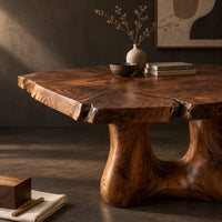 Corner detail of live edge dining table with a thick top and a sculpted arched base beside wood, brass and linen samples