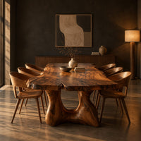 Live edge dining table with a thick top and a sculpted arched base in a dark dining room at golden hour