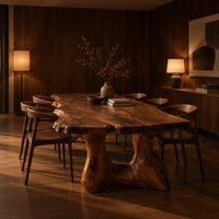 Live edge dining table with a thick top and a sculpted arched base in an evening dining room with walnut wall paneling