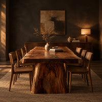 Live edge dining table with a thick slab top and tapered block base in a dark dining room at golden hour