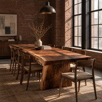Live edge dining table with a thick slab top and tapered block base in an industrial loft dining room with exposed brick