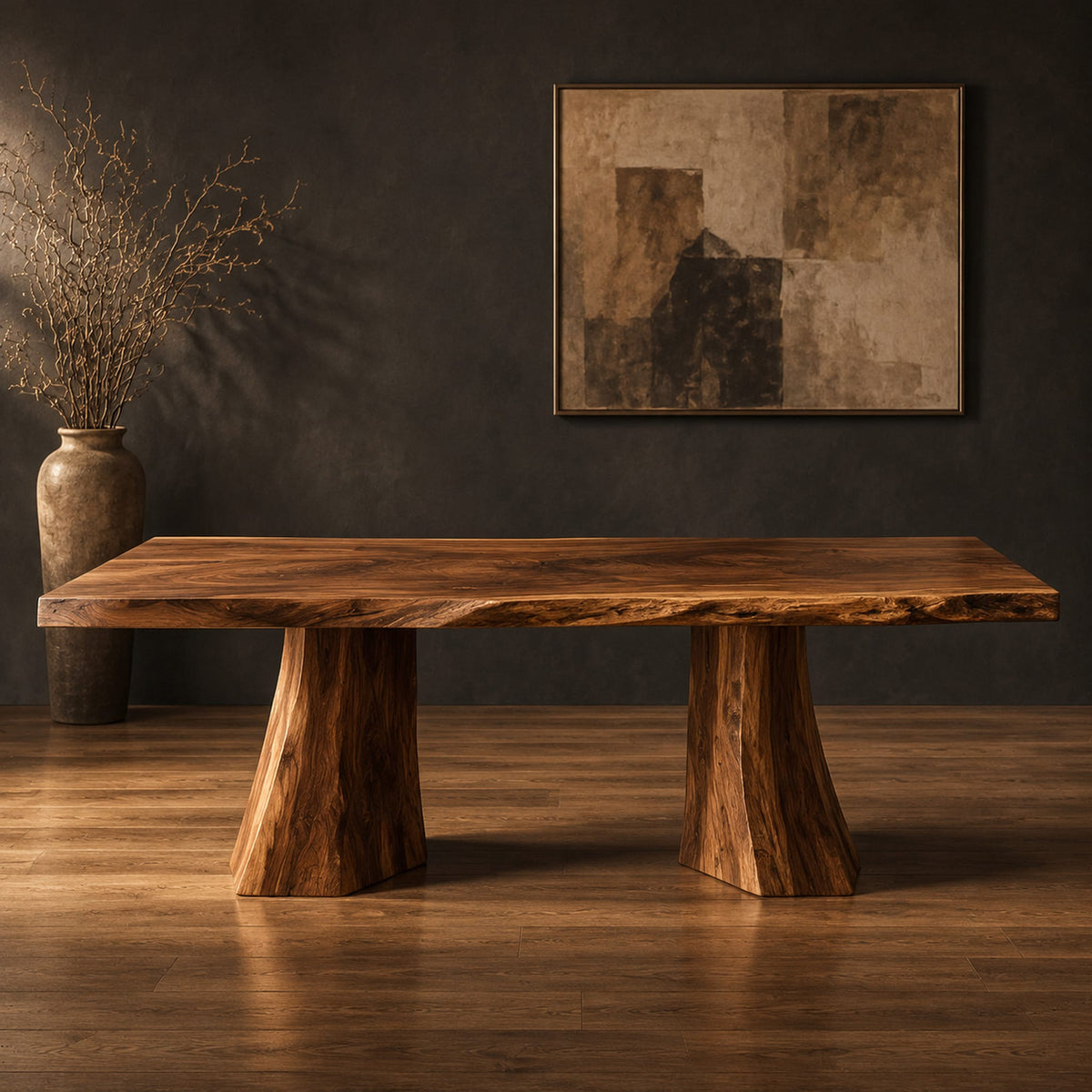 Dining table with a thick live edge slab top on two flared pedestal legs in a dark studio against a charcoal plaster wall