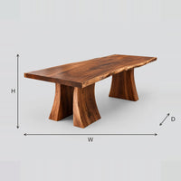 Live Edge Dining Table With Thick Slab Top And Two Flared Pedestals dimension diagram with width, height and depth