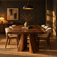 Dining table with a thick live edge slab top on two flared pedestal legs in a dark dining room at golden hour