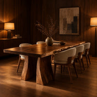 Dining table with a thick live edge slab top on two flared pedestal legs in an evening dining room with walnut wall paneling