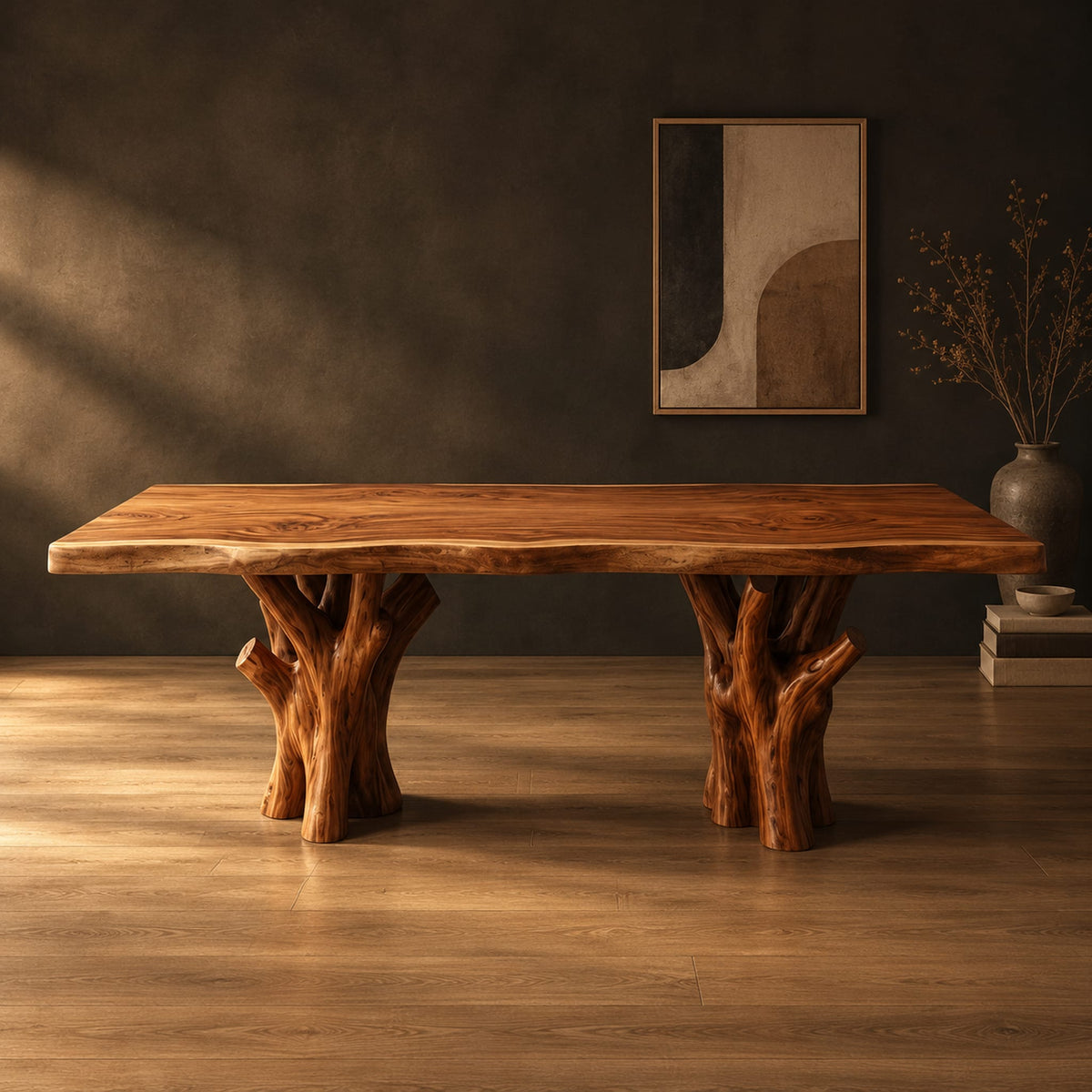 Live edge dining table on two branching tree trunk pedestals in a dark studio against a charcoal plaster wall