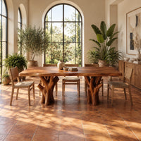 Live edge dining table on two branching tree trunk pedestals in a bright dining room with arched windows and plants