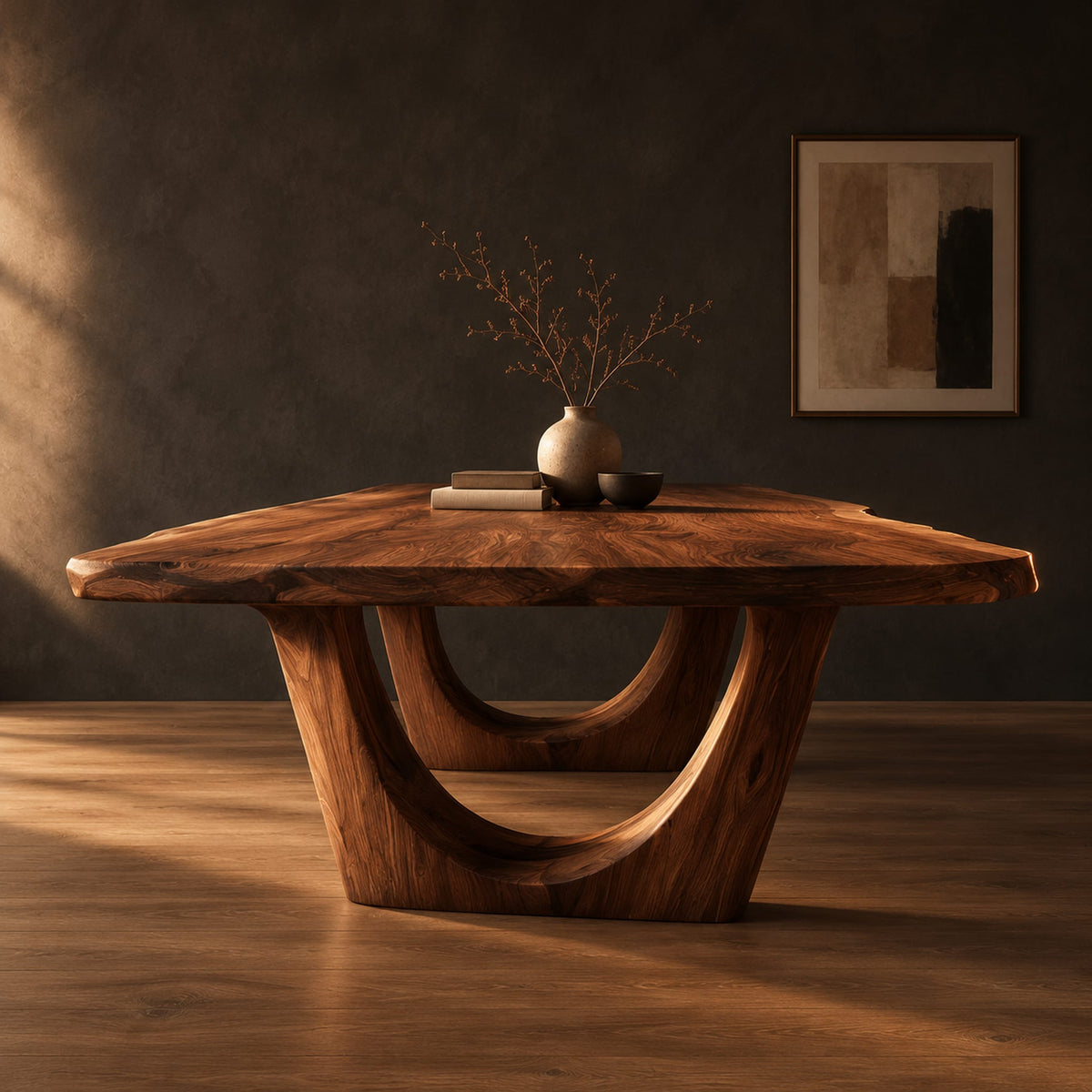 Live edge wooden dining table on two arched pedestal legs in a dark studio against a charcoal plaster wall