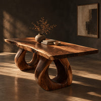 Rectangular dining table with a live edge slab top and two loop pedestals, three-quarter view showing the grain