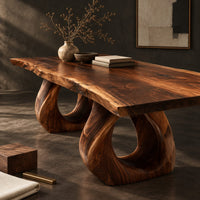 Corner detail of rectangular dining table with a live edge slab top and two loop pedestals beside wood, brass and linen samples