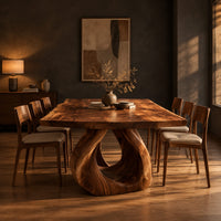 Rectangular dining table with a live edge slab top and two loop pedestals in a dark dining room at golden hour