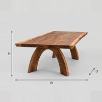 Live Edge Dining Table With Two Wide Arched Legs dimension diagram with width, height and depth