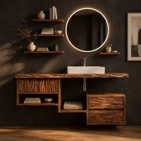 Floating wood vanity cabinet with a natural edge top and an offset side unit in a dark studio against a charcoal plaster wall